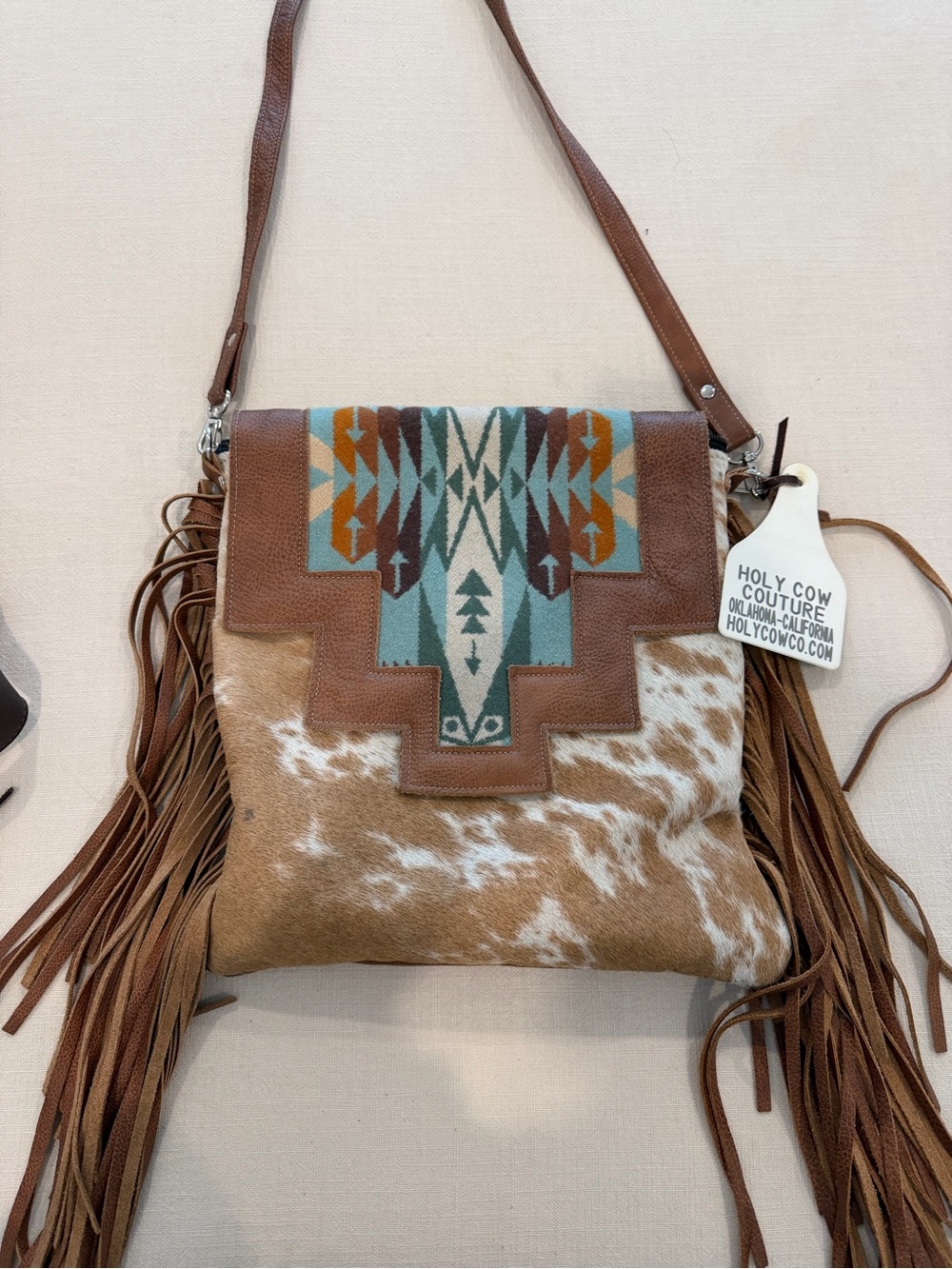 Holy Cow Couture Brown Leather & Cowhide Fringe Crossbody Bag with Aztec Accent